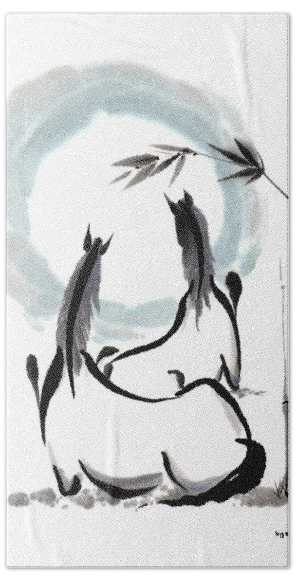 Chinese Brush Painting Beach Sheet featuring the painting Zen Horses Into the Vortex by Bill Searle