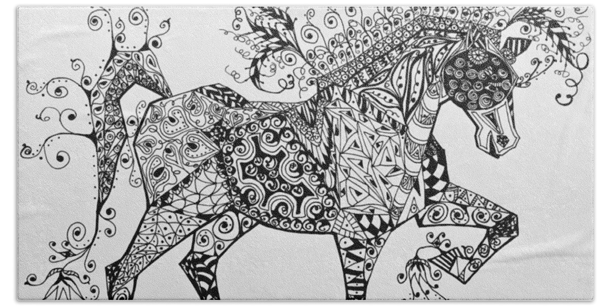 Horse Art Beach Towel featuring the drawing Zentangle Circus Horse by Jani Freimann