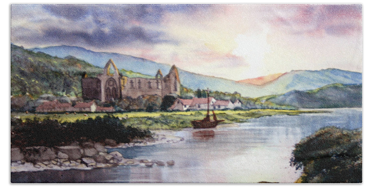 Landscape Beach Towel featuring the painting Late Evening at Tintern Abbey by Glenn Marshall