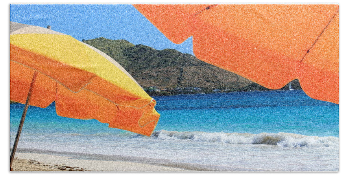 Yellow Beach Umbrellas Against The Blue Water Beach Sheet featuring the photograph Beach umbrellas #1 by Catie Canetti