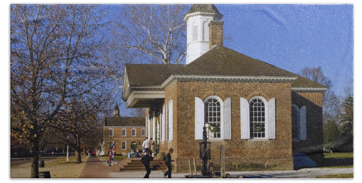 The Courthouse Beach Towel featuring the photograph Colonial Williamsburg Courthouse #1 by Sally Weigand
