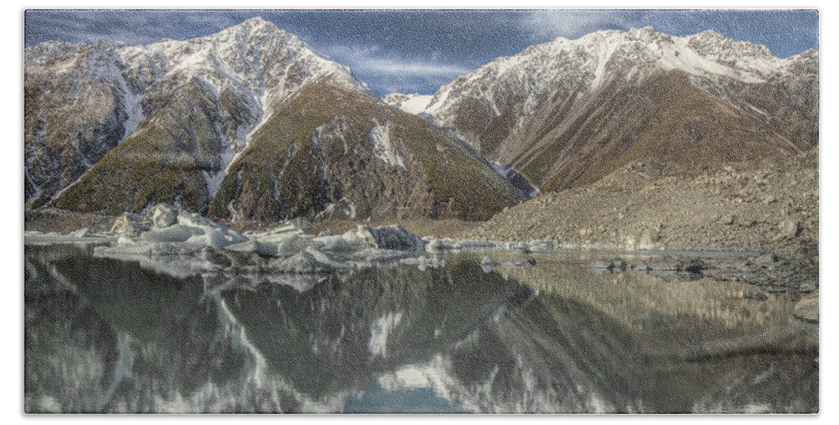 00486225 Beach Towel featuring the photograph Reflection In Glacial Lake At Tasman #1 by Colin Monteath