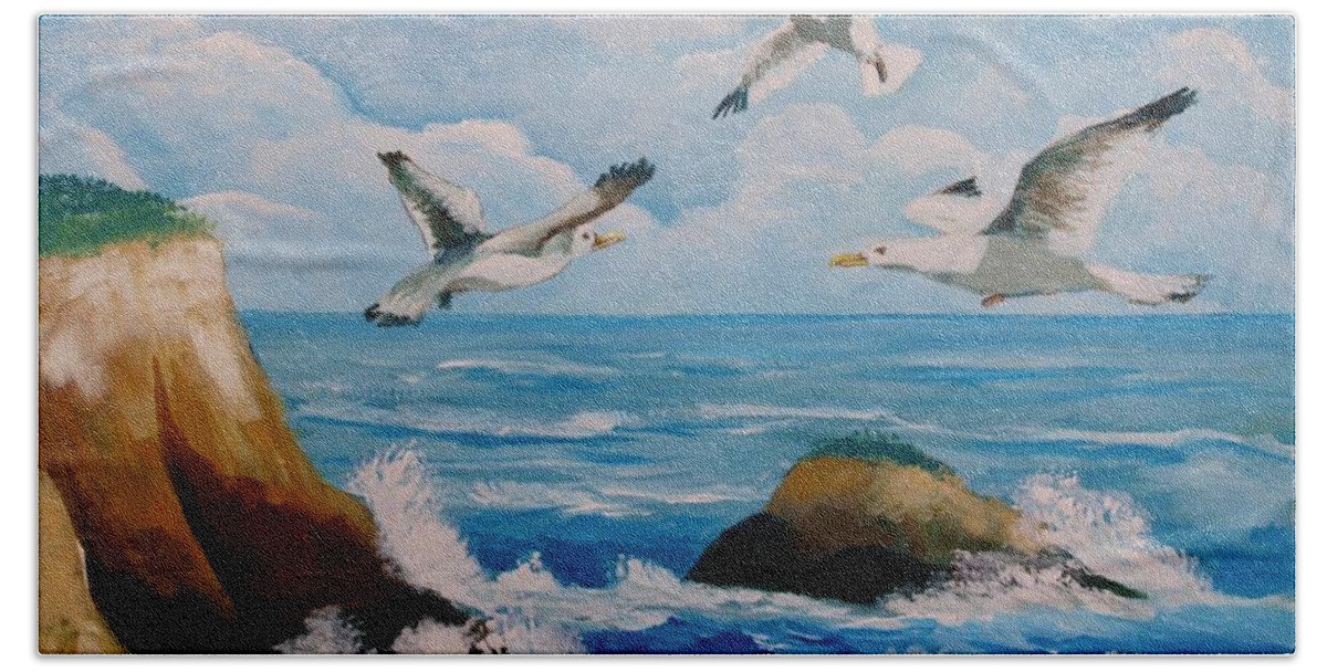 Sea Beach Sheet featuring the painting Seagulls #2 by Jean Pierre Bergoeing