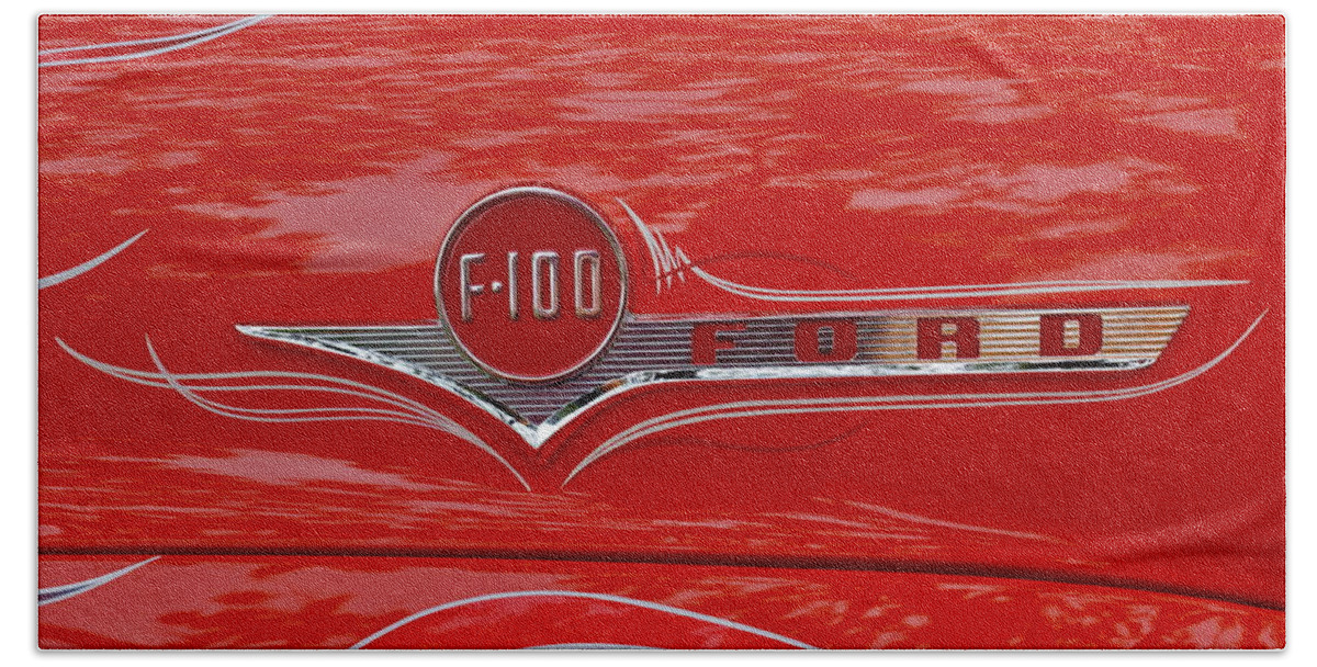 1956 Beach Towel featuring the photograph 1956 Ford F100 Hood Emblem by Alan Hutchins