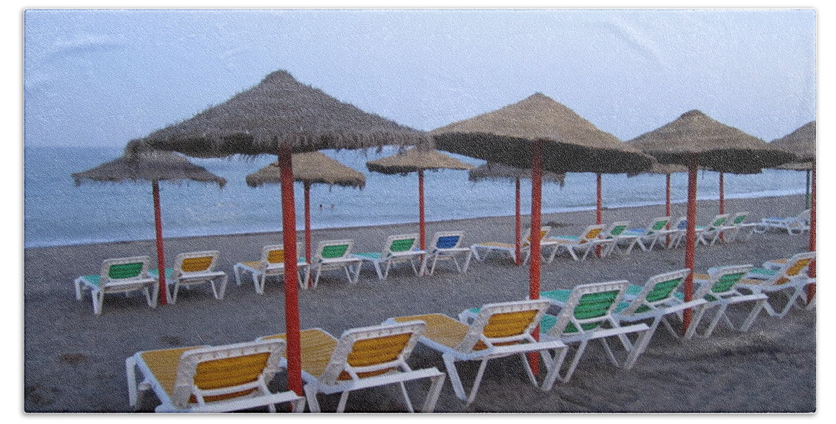 Umbrella Beach Towel featuring the photograph Beach Umbrellas and Chairs Costa Del Sol Spain #4 by John Shiron