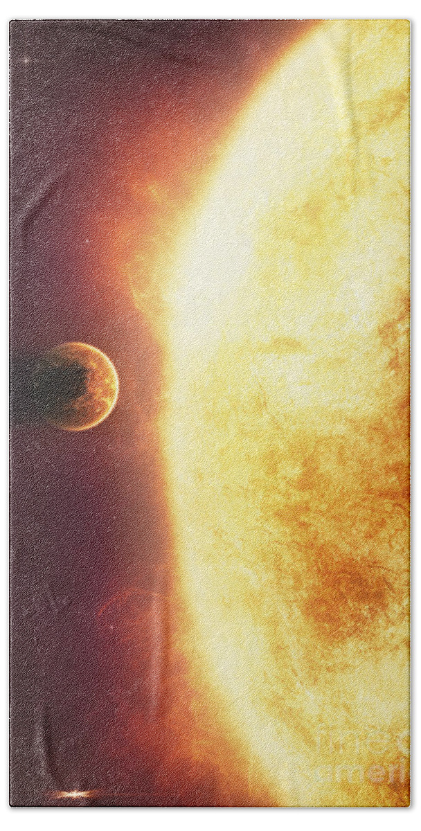 Concept Beach Towel featuring the digital art A Growing Sun About To Burn A Nearby by Tomasz Dabrowski