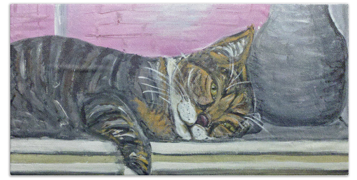 Cat Beach Sheet featuring the painting Alex on Windowsill by Ania M Milo