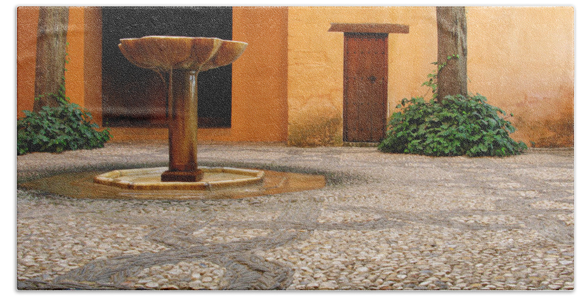Courtyard Beach Towel featuring the photograph Alhambra Courtyard and Fountain in Spain by Greg Matchick