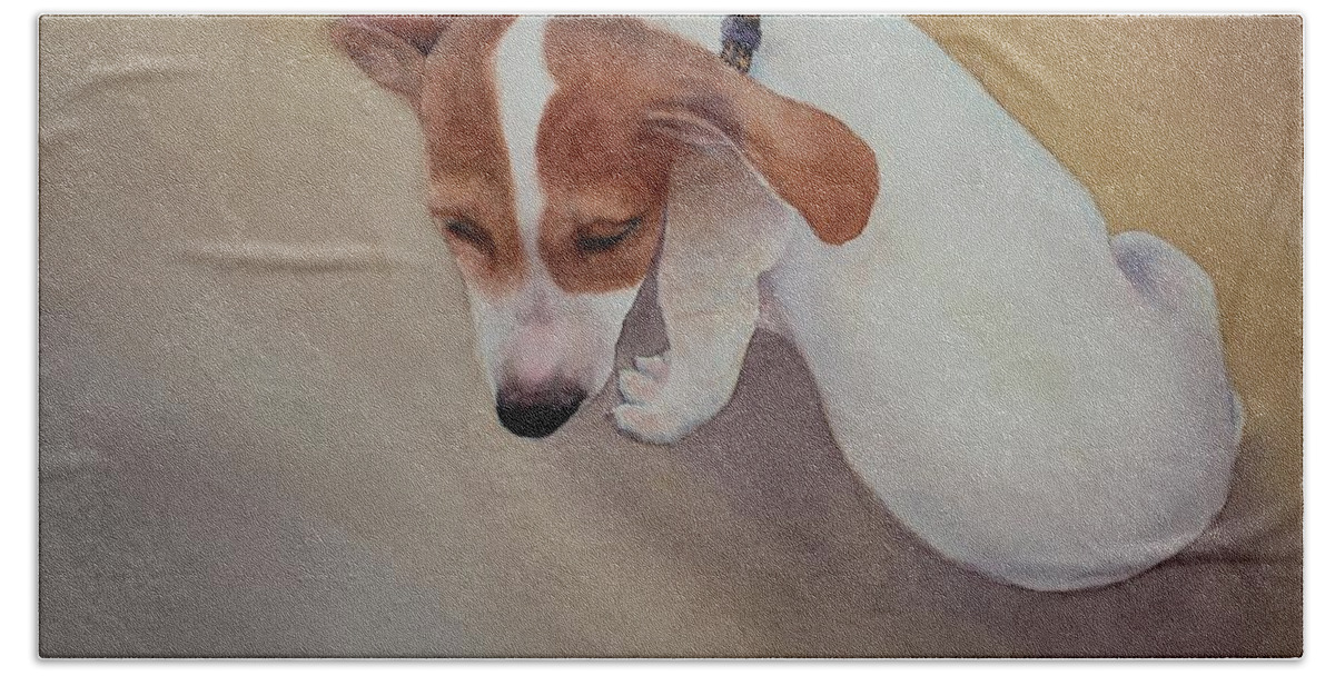 Puppy Beach Towel featuring the painting All Played Out by Ruth Kamenev