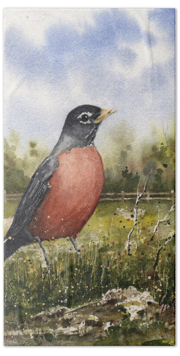 Bird Beach Towel featuring the painting American Robin by Sam Sidders