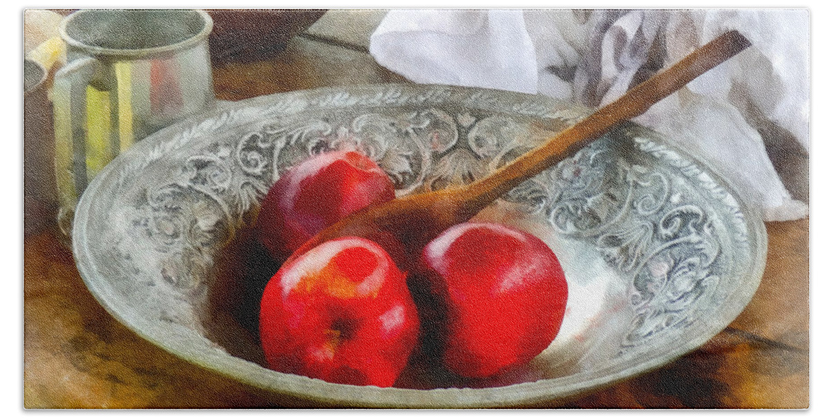 Meal Beach Towel featuring the photograph Apples in a Silver Bowl by Susan Savad