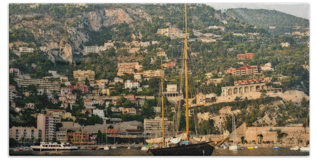 French Riviera. Villafranche Beach Towel featuring the photograph Black Sailboat by Steven Sparks