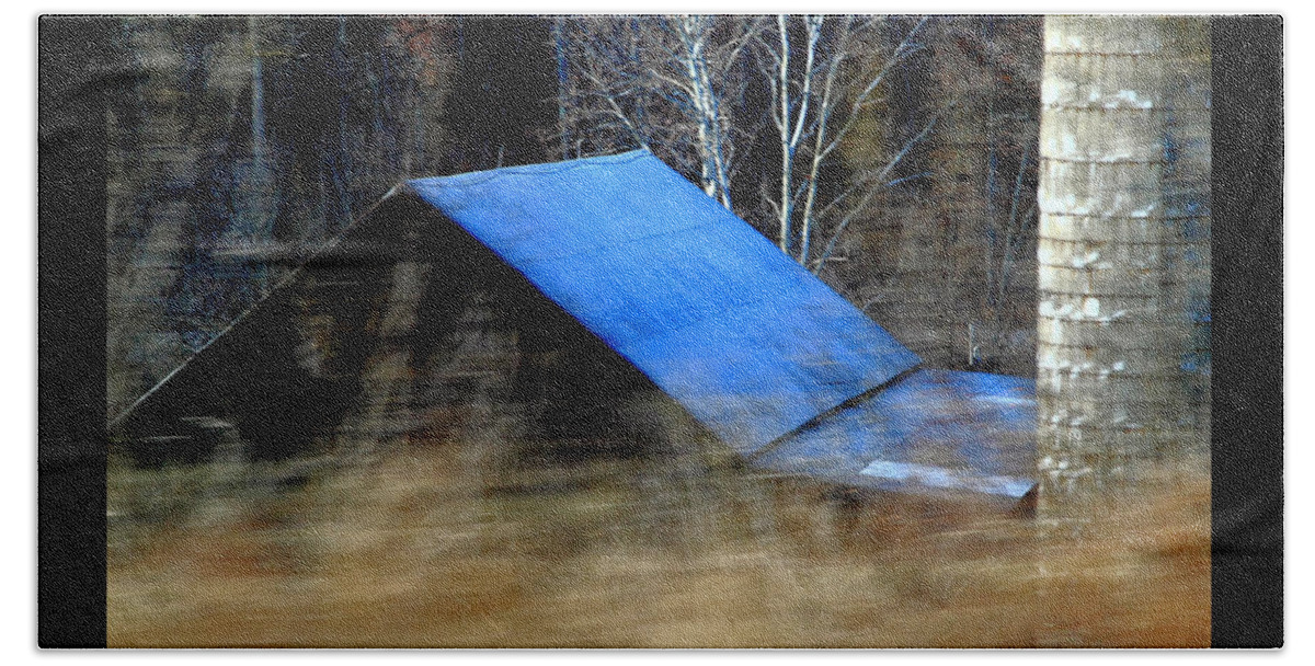 Barn Beach Towel featuring the photograph 'Blue Roof Barn' by PJQandFriends Photography