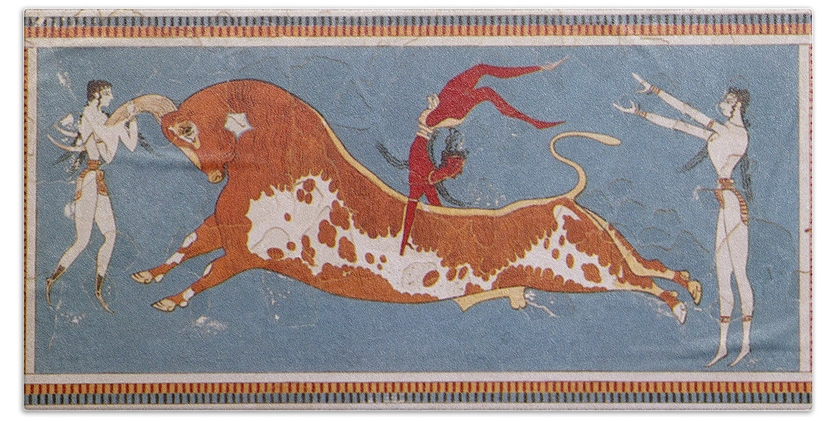 Figurative Art Beach Towel featuring the photograph Bull-leaping Fresco From Minoan Culture by Photo Researchers