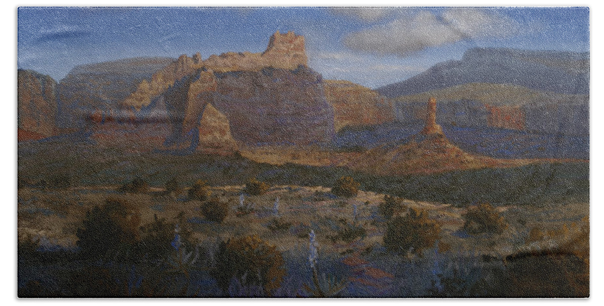 Landscape Beach Towel featuring the painting Canyon Light by Heather Coen