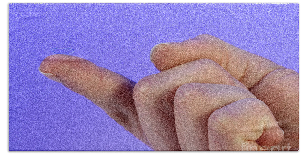 Contact Lens Beach Towel featuring the photograph Contact Lens On A Fingertip by Photo Researchers, Inc.