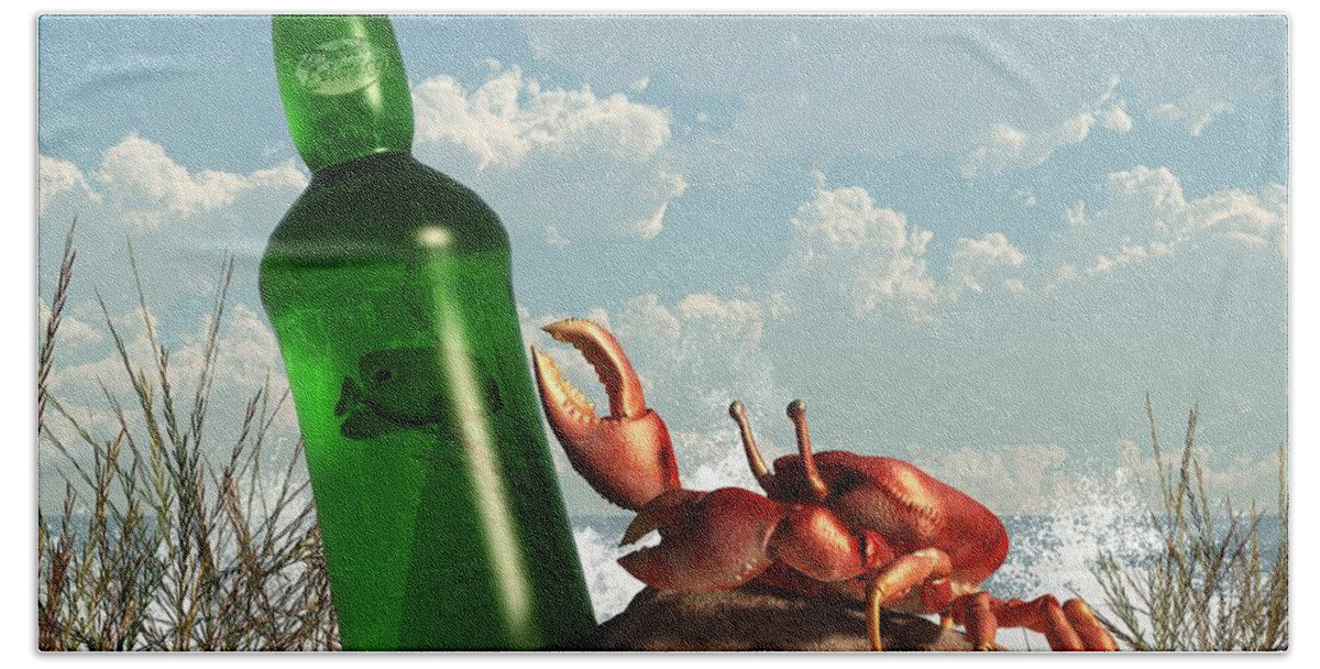 Sand Crab Beach Towel featuring the digital art Crab with Bottle on the Beach by Daniel Eskridge