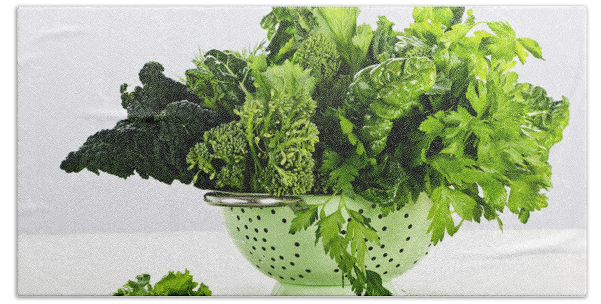 Dark Green Beach Sheet featuring the photograph Dark green leafy vegetables in colander by Elena Elisseeva