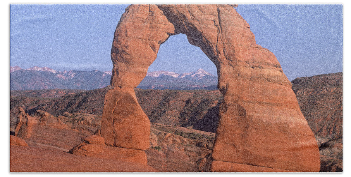 00175751 Beach Towel featuring the photograph Delicate Arch And La Sal Mountains by Tim Fitzharris