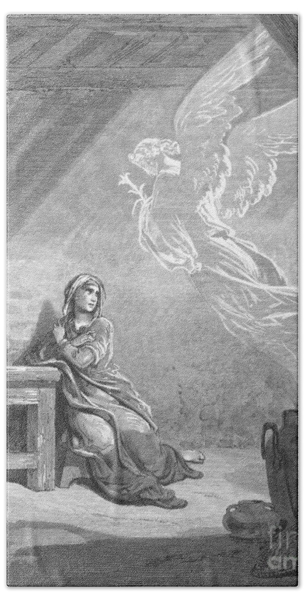 Annunciation Beach Towel featuring the drawing The Annunciation #1 by Gustave Dore