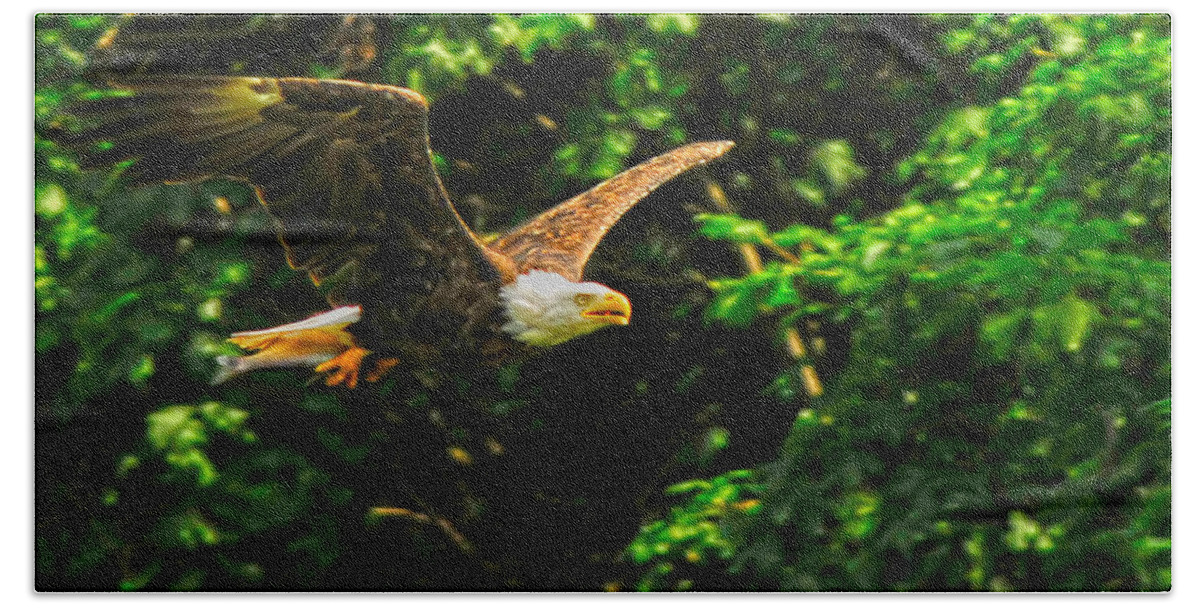 Eagle Lunch Babies Natural Environment Habitat Trees Beach Sheet featuring the photograph Eagle taking lunch to her babies by Randall Branham