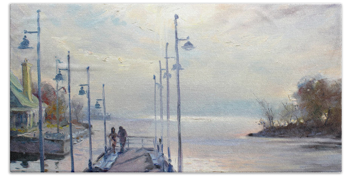 Painting Beach Towel featuring the painting Early Morning in Lake Shore by Ylli Haruni