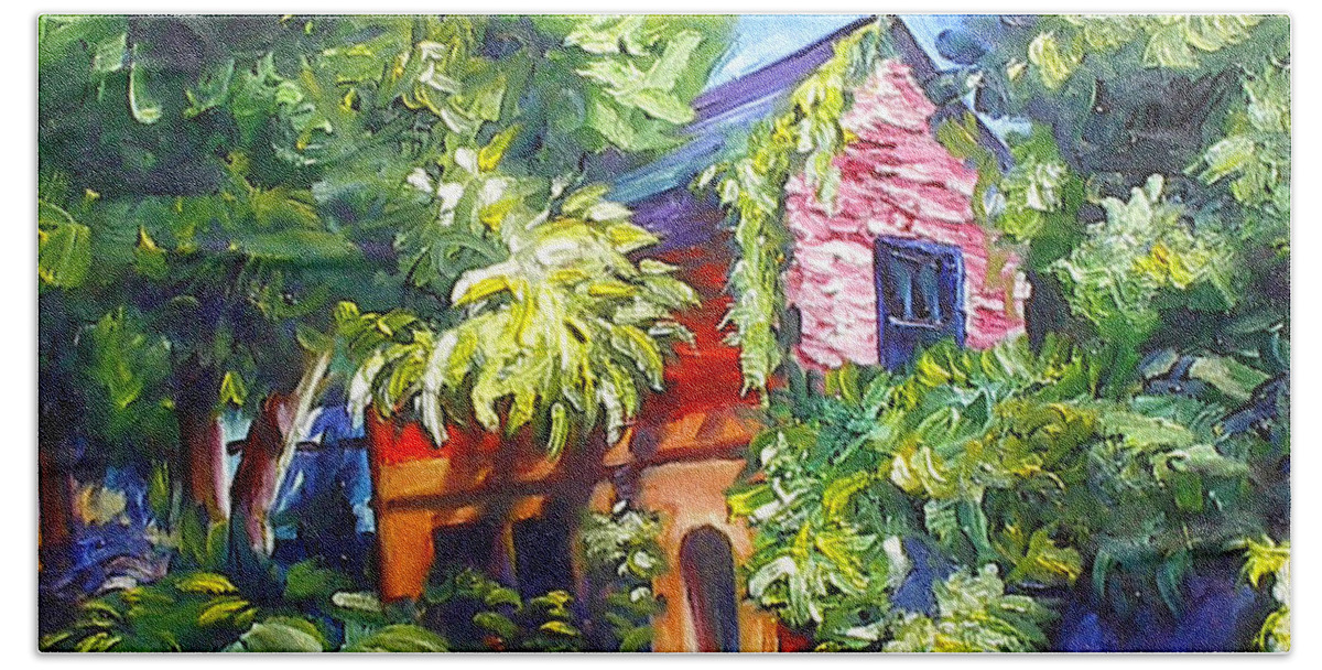 Sky; Impressionist; House; Charleston; Tree; Flowers; Blue; Red; Green; Yellow; Contemporary; Street; Road; Vintage; Old; Southern; Antebellum; James Christopher Hill; Jameshillgallery.com; Ocean; Lakes; Creation; Genesis Beach Sheet featuring the painting East Bay House in Charleston by James Hill