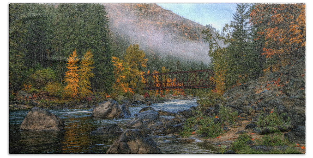 Hdr Beach Towel featuring the photograph Fall up the Tumwater by Brad Granger