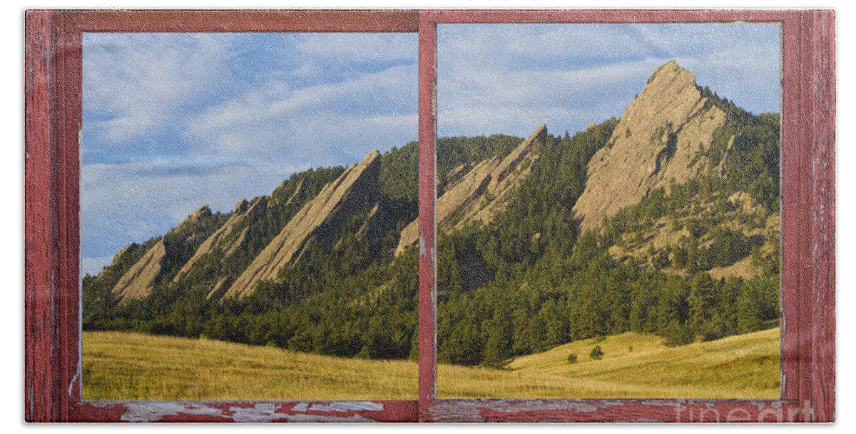 Picture Beach Towel featuring the photograph Flatirons Boulder Colorado Red barn Picture Window Frame Photos by James BO Insogna