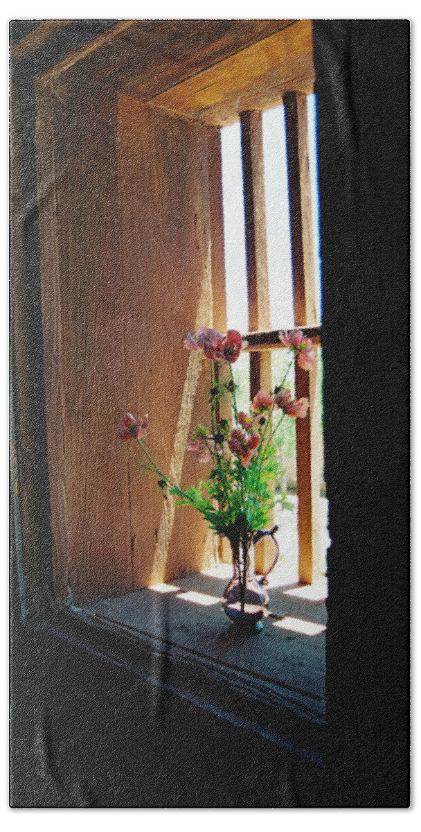 Santa Fe Beach Towel featuring the photograph Flower In Window by Ron Weathers