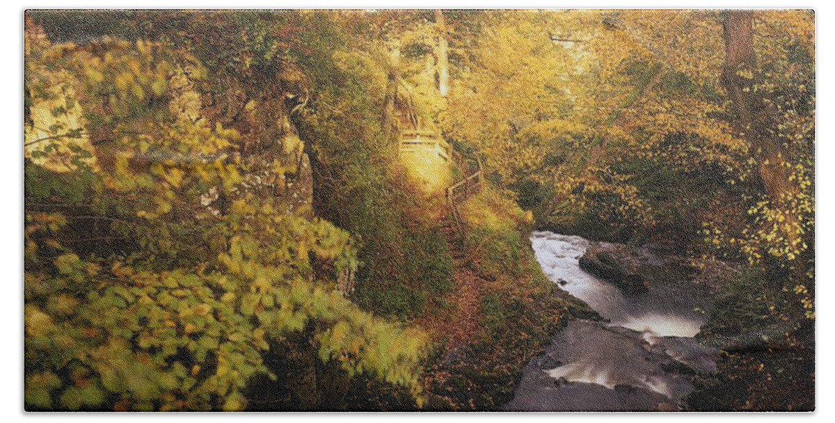 Autumn Beach Towel featuring the photograph Flowing Water Through A Forest by The Irish Image Collection 