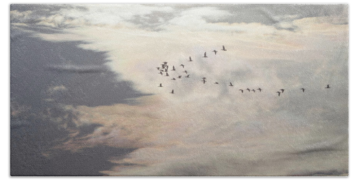 Swarm Beach Towel featuring the photograph Flying through the evening sky by Ulrich Kunst And Bettina Scheidulin