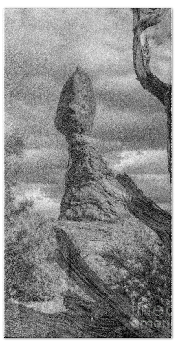 Arches National Park Beach Sheet featuring the photograph Framed Balance Rock bw by Sue Karski