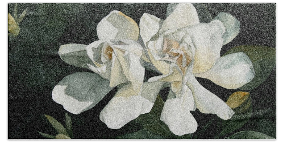 Flowers Beach Towel featuring the painting Gardenia Duo 1 by Jan Lawnikanis