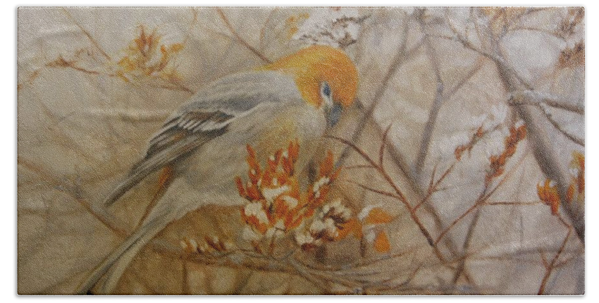 Pine Grosbeak Beach Towel featuring the painting Generous Provision by Tammy Taylor
