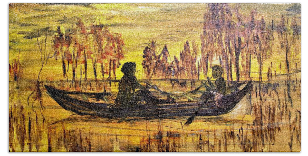 Sunset Beach Towel featuring the painting Going Fishing by Evelina Popilian