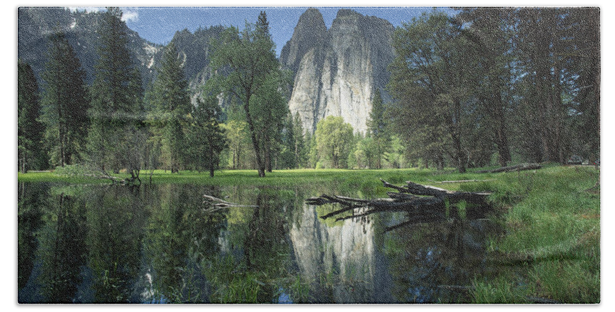 00171109 Beach Towel featuring the photograph Granite Reflecting In Pool Yosemite by Tim Fitzharris