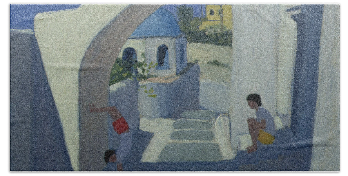 Greek Island Beach Towel featuring the painting Handstand by Andrew Macara