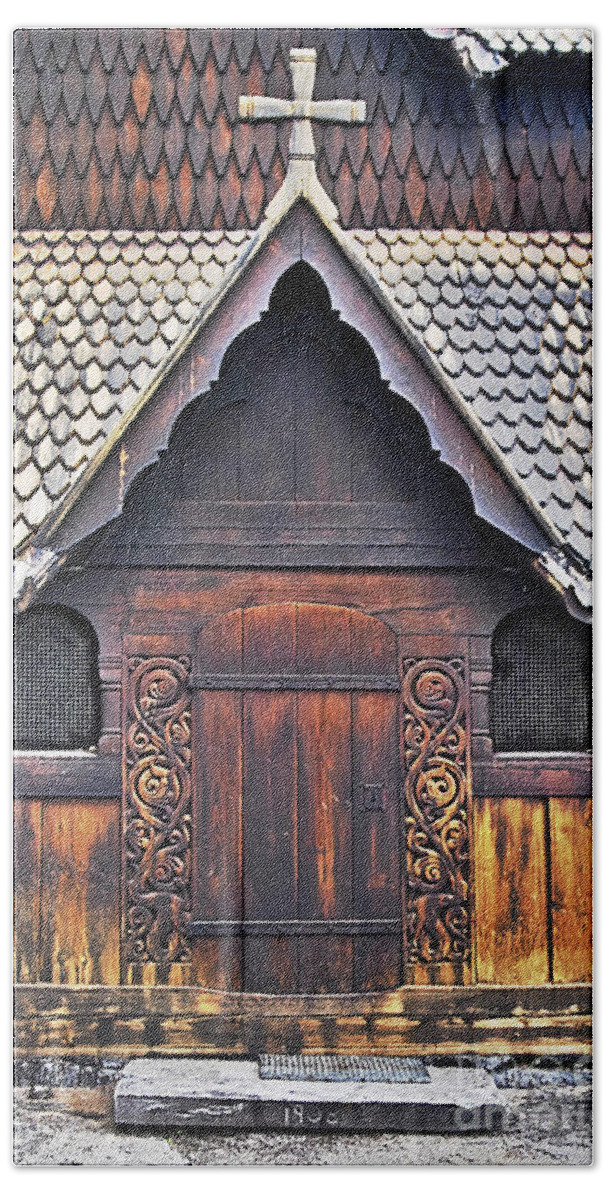  Beach Towel featuring the photograph Heddal Stave Church Side Entrance by Heiko Koehrer-Wagner