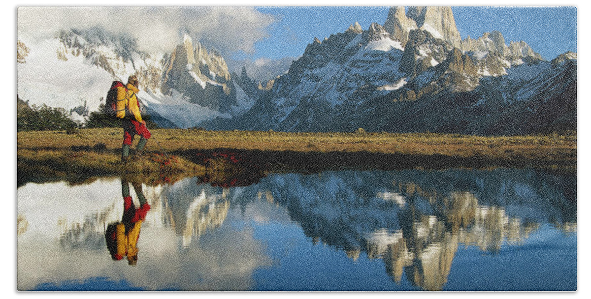 Hhh Beach Towel featuring the photograph Hiker, Cerro Torre And Fitzroy by Colin Monteath