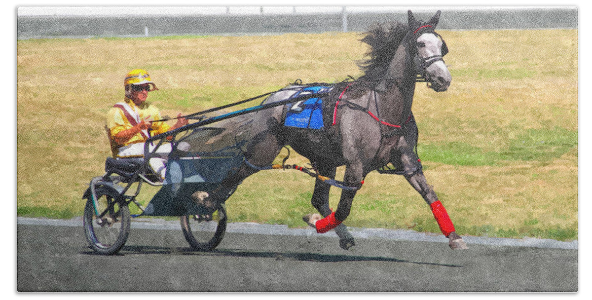 Horse Driver Trotters Racing Track Gray Beach Towel featuring the photograph Hooray For The Gray by Alice Gipson