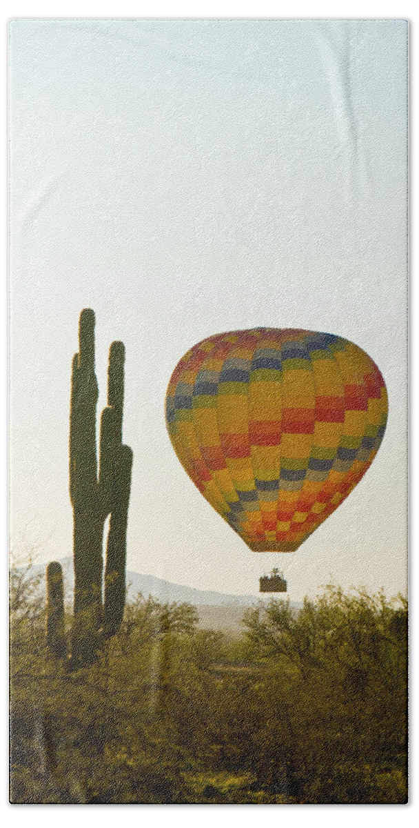 Arizona Beach Sheet featuring the photograph Hot Air Balloon In the Arizona Desert With Giant Saguaro Cactus by James BO Insogna