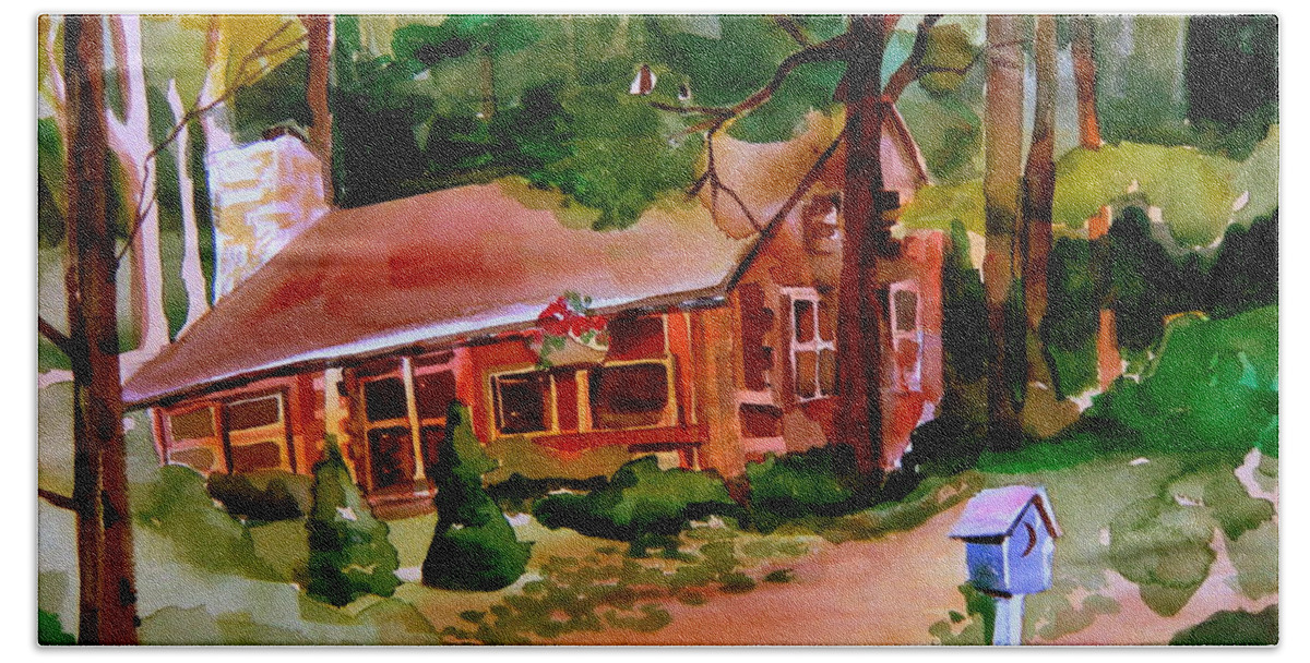 Cabin Beach Towel featuring the painting In a Cottage in the Woods by Mindy Newman