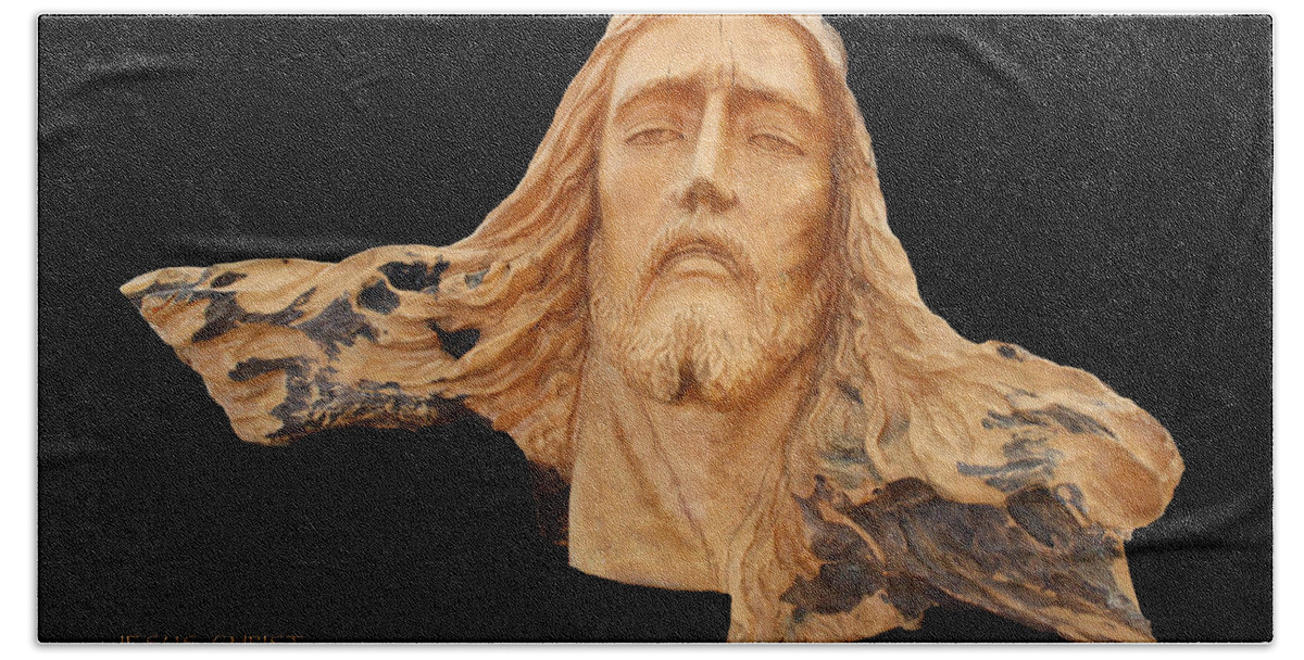 Jesus Beach Towel featuring the sculpture Jesus Christ Wooden Sculpture - Four by Carl Deaville