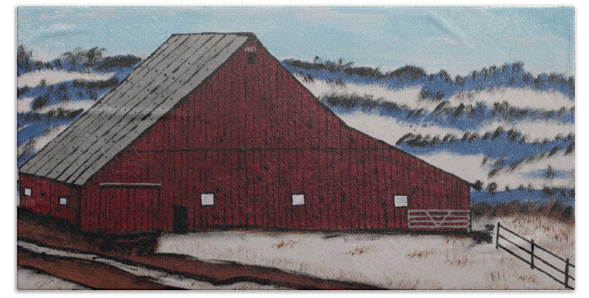 Wall Art Beach Towel featuring the painting Keystone Red Barn Farm Greeting Card by Jeffrey Koss