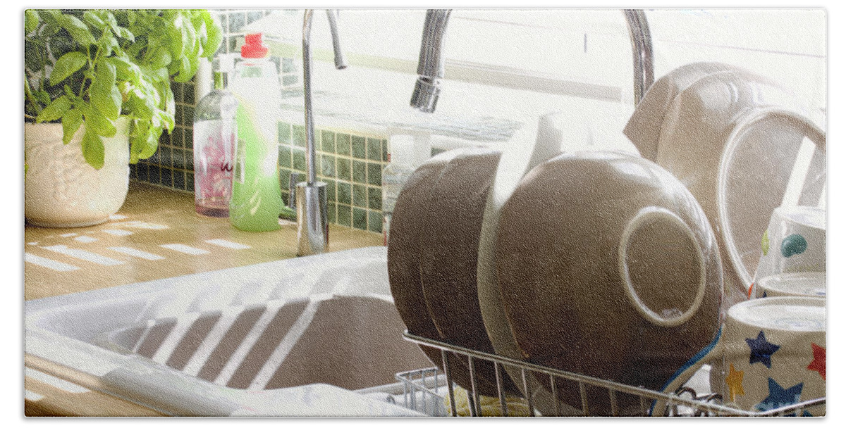 Kitchen Beach Towel featuring the photograph Kitchen sink and washing up in summer sunlight by Simon Bratt