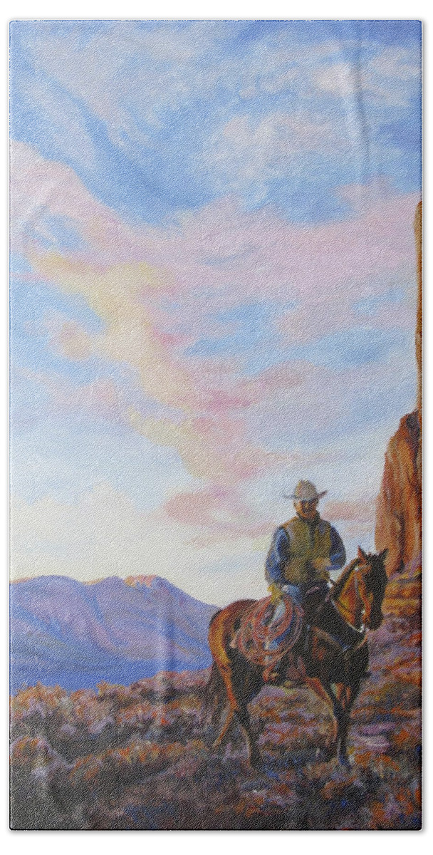 Rider Beach Towel featuring the painting Last Light With a Mile to Go by Page Holland