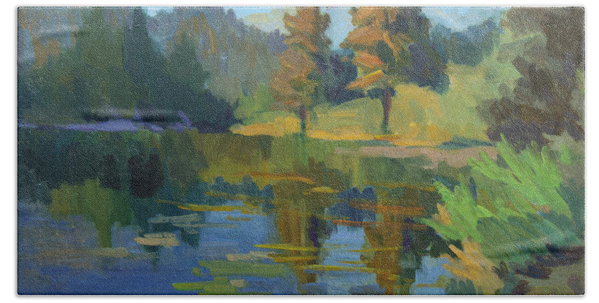 Autumn Beach Sheet featuring the painting Late Afternoon Light at Harry's Pond by Diane McClary