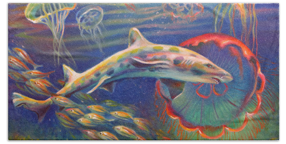 Leopard Shark Beach Towel featuring the painting Leopard Shark and Jellyfish by Nancy Tilles