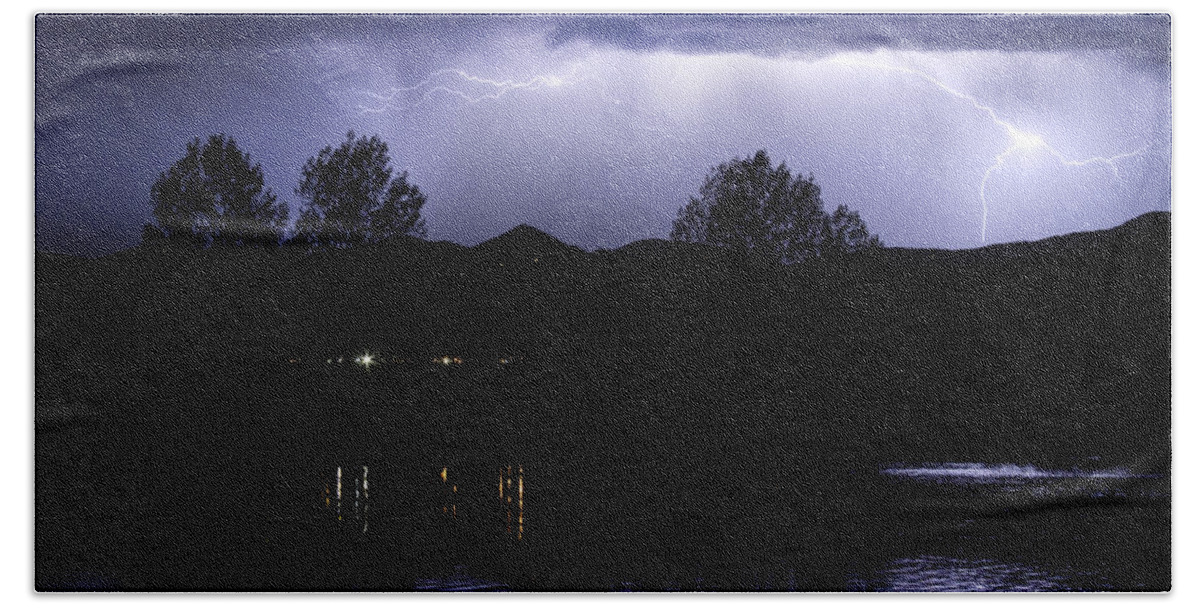 Lightning Beach Towel featuring the photograph Lightning Over Coot Lake by James BO Insogna